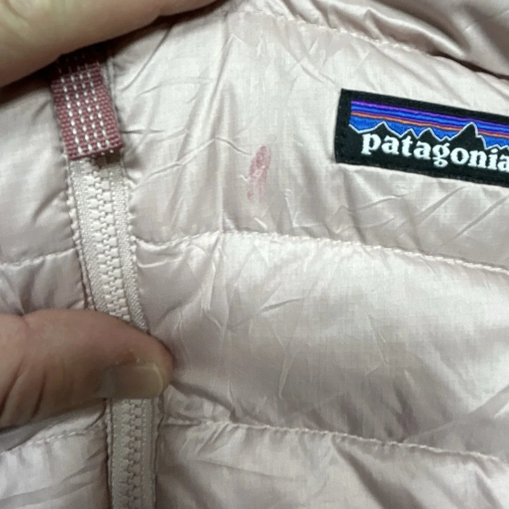Patagonia Down Sweater Girls M (10) Pink Full Zip Puffer Jacket Outdoor *SPOTS